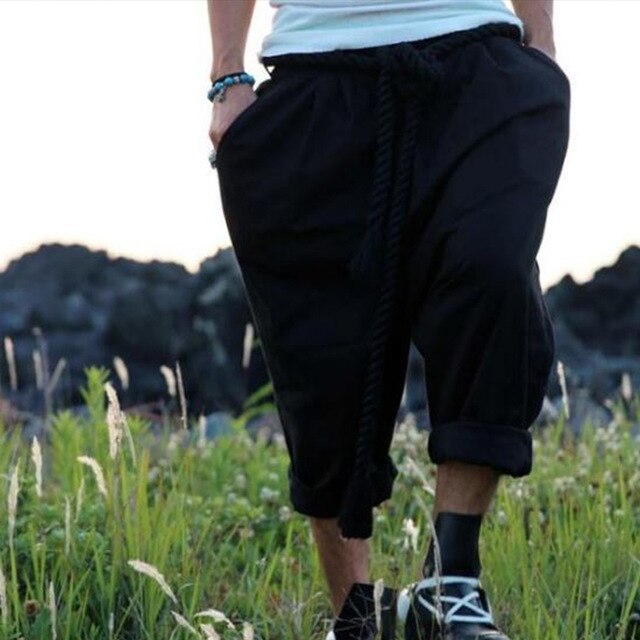 men retro loose linen cropped pants